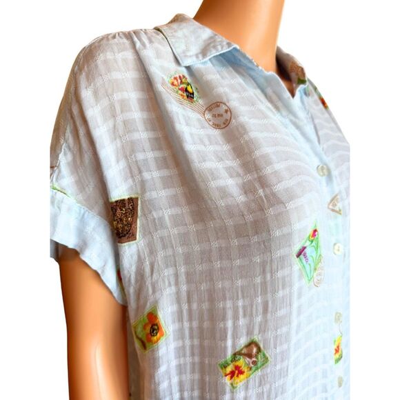 Anthropologie Jane & Delancey Light Blue Postage Print Button Up Top Medium - Picture 4 of 7